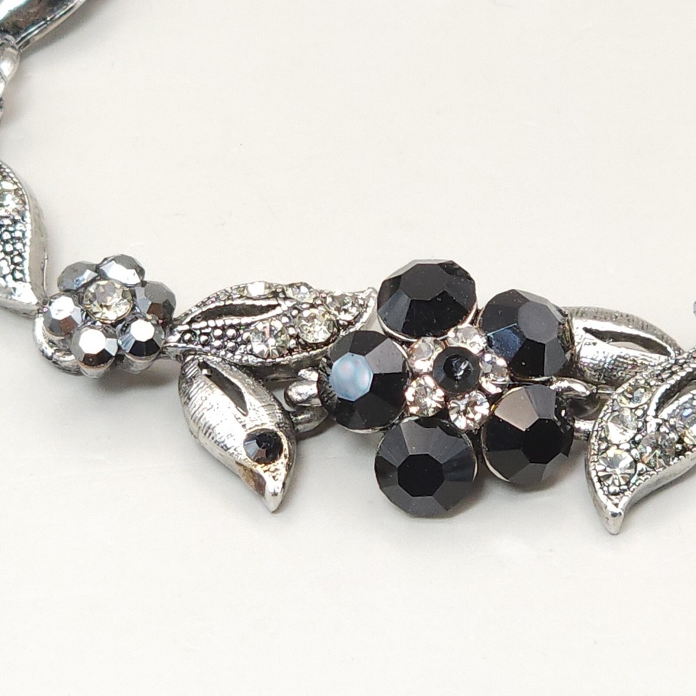 Vintage 1950s Marcasite Style Rhinestone Flower Necklace Bracelet Set Black Gray - Picture 8 of 16